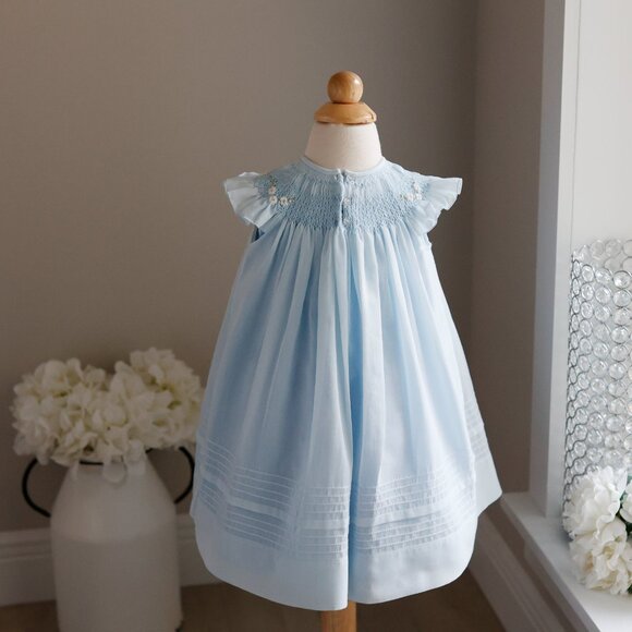 Blue Smocked Flutter Sleeve Dress 12/18 Months Will'Beth Boutique Like New - Picture 5 of 6